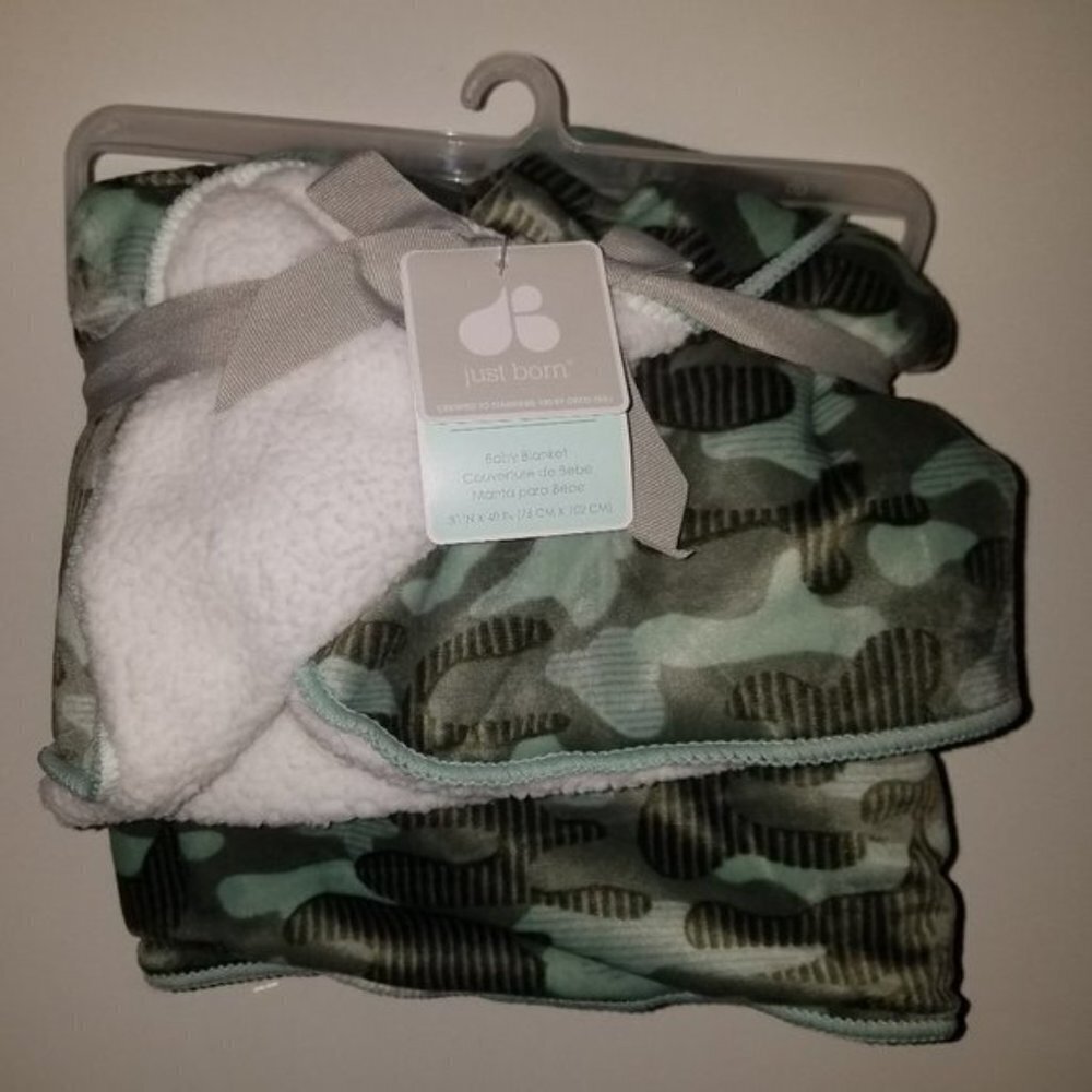 NWT Just Born Green Camouflage Baby Blanket Lovey White Sherpa SOFT 30x40